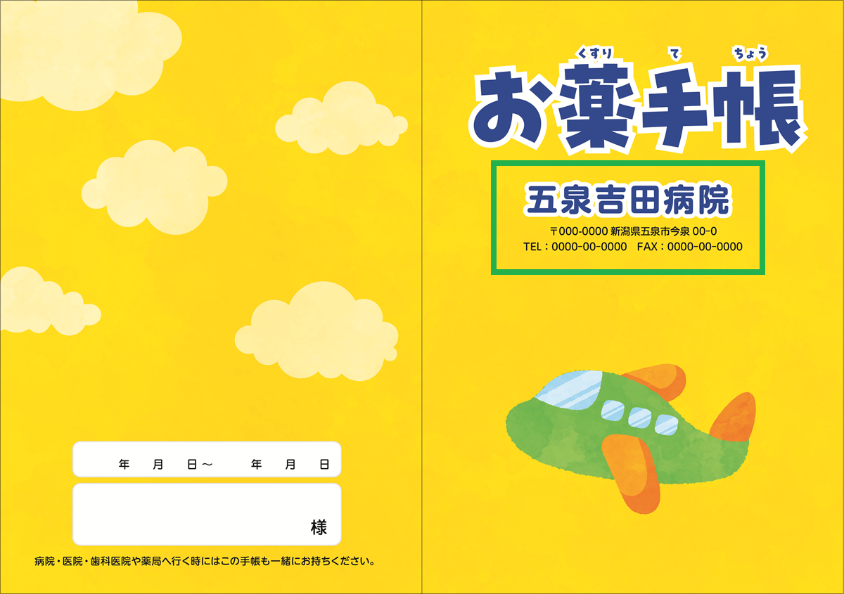 お薬手帳 【貴名入り】ひこうき 100冊入り